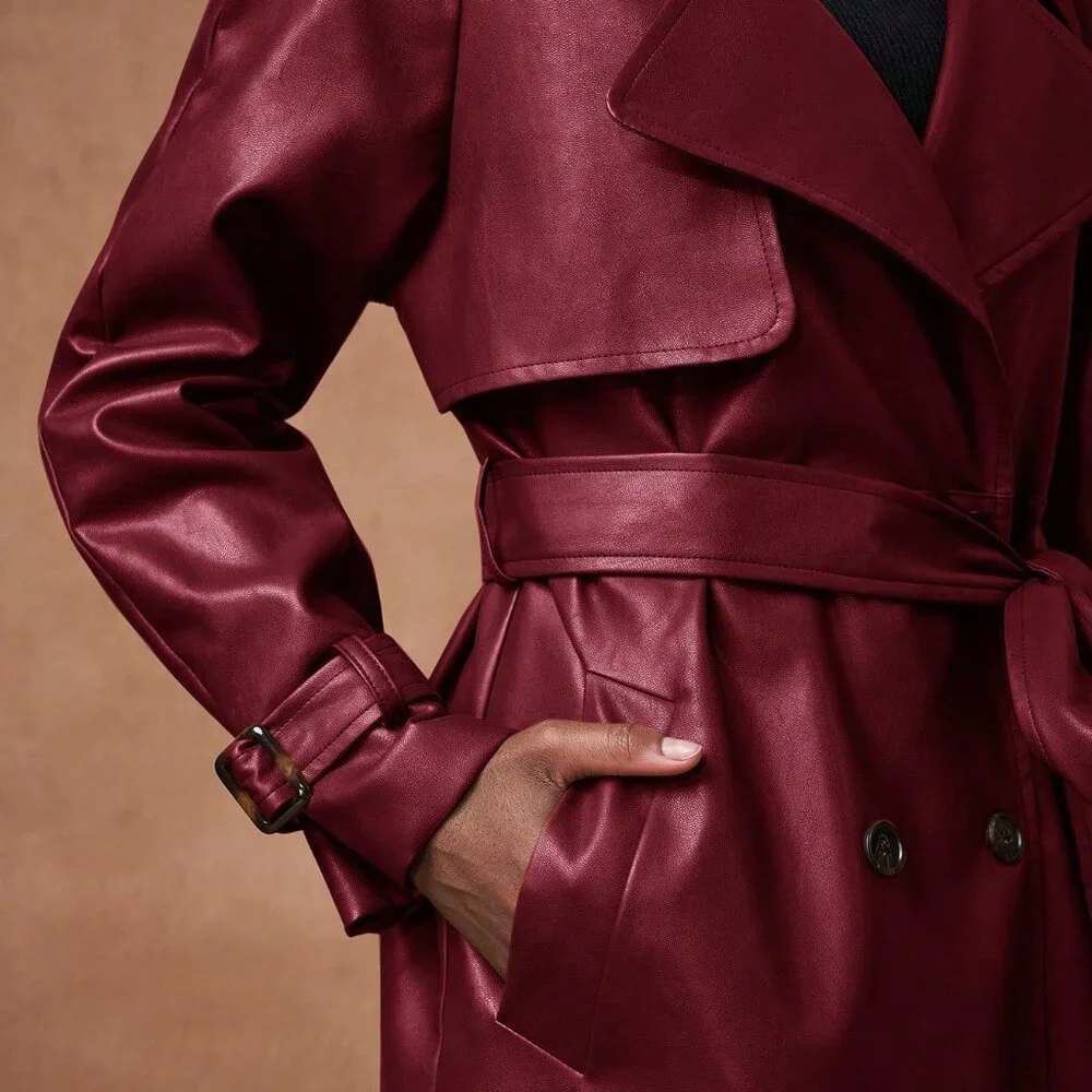 Burgundy Elegant Women's Lapel faux leather belted Long trench Coat - Picture 8 of 8